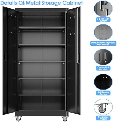 Aobabo Black Metal Garage Storage Cabinet with Wheels, 34"W x 18"D x 71"H - Image 6