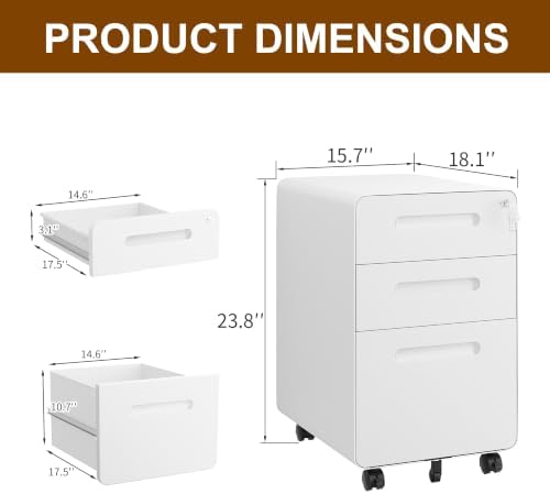 3 Drawer Mobile File Cabinet with Lock and 4 Keys, Small Vertical Metal Rolling Filing Cabinet Under Desk for Home Office Organizer Letters/Legal/A4 Hanging File Folders - Image 3