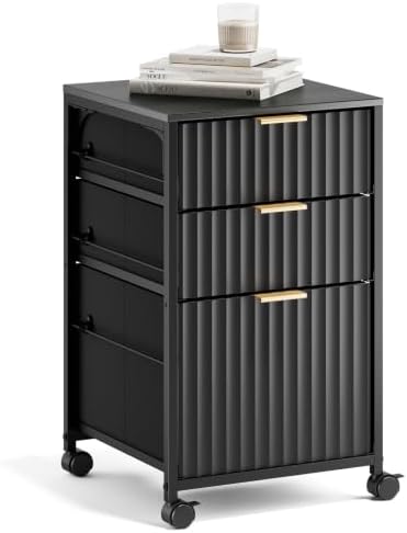 VINGLI 3 Drawer Fluted File Cabinet, Rolling File Cabinet Mobile Under Desk File Cabinet with Wheels, Fabric Drawers Printer Stand for Home Office, Fits Letter Size, Black by VINGLI