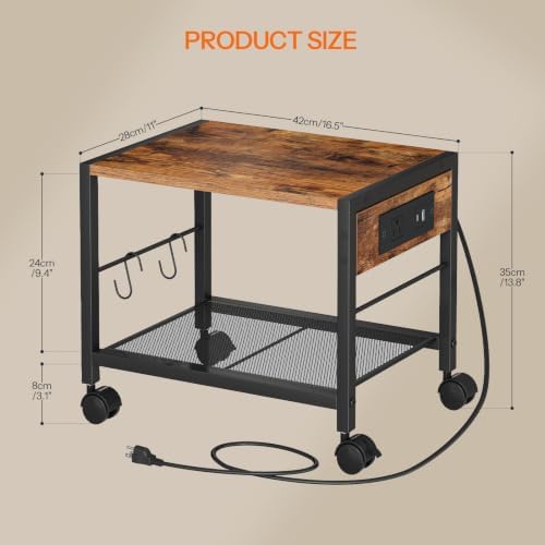 HOOBRO Industrial Printer Stand, 2-Tier Mobile Printer Table, Rolling Cart with Power Outlets and USB Ports, Home Printer Stand with 2 Hooks, for Office, Living Room, Rustic Brown BF32UPS01 - Image 2