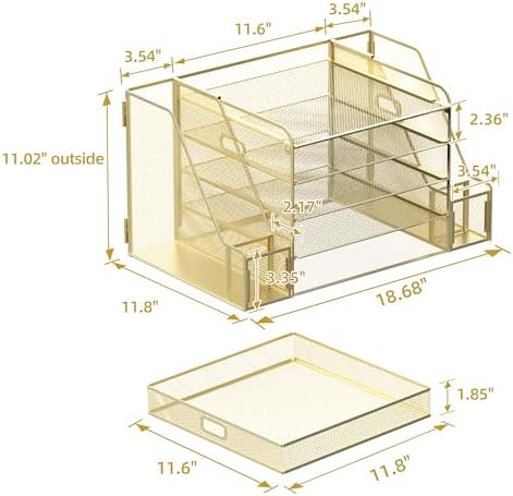 SUPEASY Mesh Desk Organizer with File Holder, 5-Tier Paper Letter Tray Organizer with Magazine Holder, Desktop Organizer and Storage with Drawer for Office Supplies Home or School (Golden) - Image 4