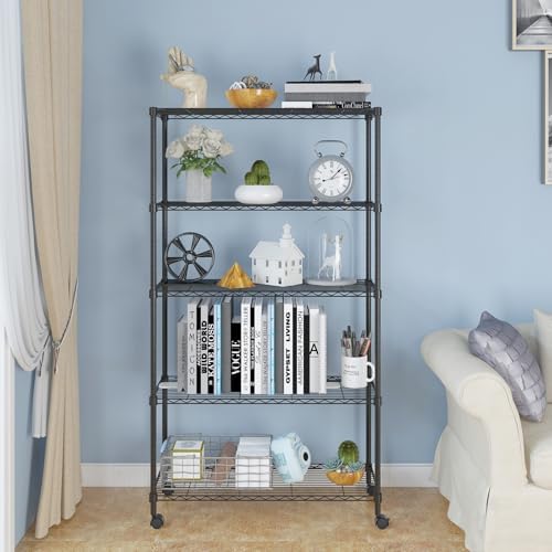 5 Tier Storage Racks Shelving, Heavy Steel Pantry Shelves, Adjustable Wire Shelving Rack with Wheels, Suitable for Garage, Kitchen, Bathroom, Office, 35" W x 14" D x 65" H, Black - Image 2