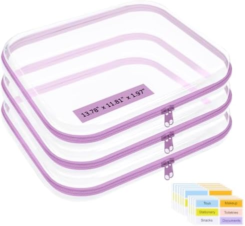 3 Pack Extra Large Clear Hard Shell Zipper Case with Labels, Purple by OrgEase
