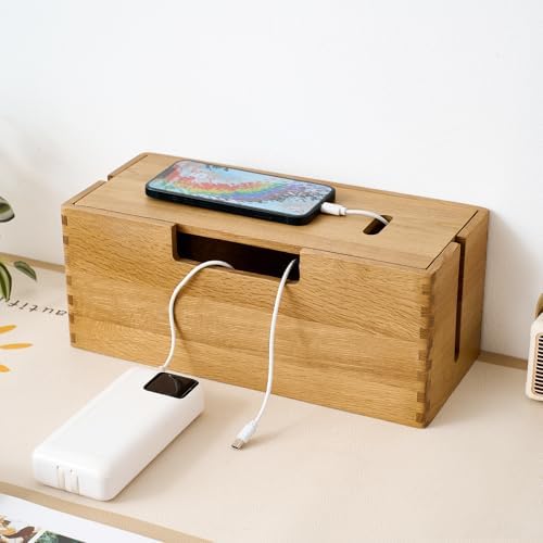 Oak Wood Cable Management Box - Large Cord Hider & Organizer with Magnetic Lid for Desk & Floor Cables in Home Office, Living Room, Bedroom (Natural) by RSUWIZ