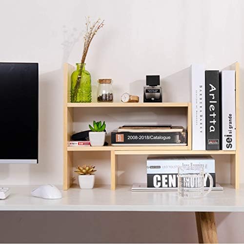 Desktop Organizer Office Storage Rack Adjustable Natural Wood Display Book Shelf Stand Rack Wood Caddy Desk Organizer Set Office Storage Expandable Tabletop - Image 2
