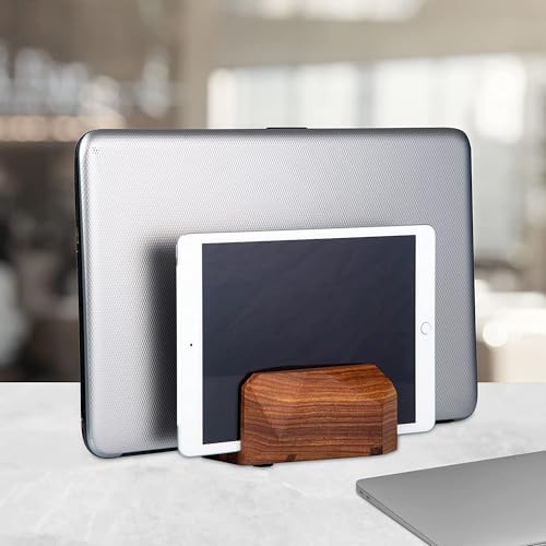Premium Vertical Laptop Stand – Wooden Dock Compatible MacBook & Laptops | Dual Dock Slot | Ergonomic Desktop Holder & Space-Saving Office Desk Accessory (Indian Rosewood) - Image 3