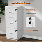 VINGLI 3 Drawer File Cabinet with Lock, Home Office Filing Organizer, for Letter Size File Folder Storage, Wood Tall Vertical Filing Cabinet, Printer Stand, Archivador (White) - Image 5