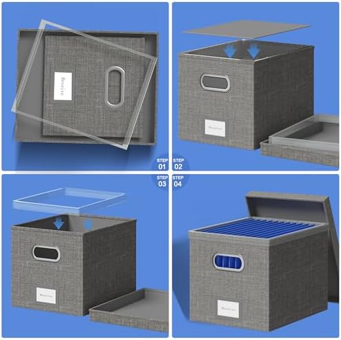 File Organizer Box - File Boxes for Hanging Files with Lid Set of 3 Decorative Hanging Folders Organizer with One-Piece Plastic Frame Slides (Grey, 13.2 * 10.1 * 10.1in(3Pack)) - Image 3