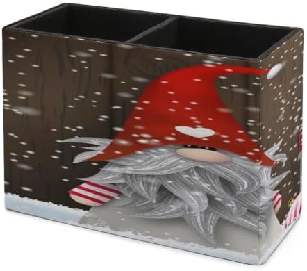 PU Leather Multi-Compartment Pen Holder Desktop Organizer Pencil Cup Storage Caddy for Office Home Supplies Winter Festival Christmas Elf Tomte Standing in Front of Wooden in Snow - Image 7