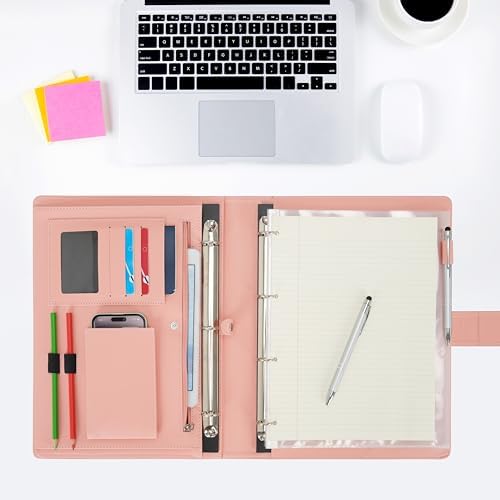 Wonderpool A4 PU Leather Ring Holder Writing Portfolio Multi Document Case with Removable Binder Clipboard and Functional Pocket for Organizer Office Travel School (Pink) - Image 4