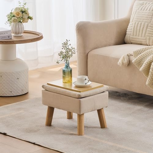 Storage Ottoman, Small Foot Stool Ottoman with Storage, Linen Foot Rest with Wood Legs, Footstool for Living Room, Bedroom, Entryway, Beige - Image 6