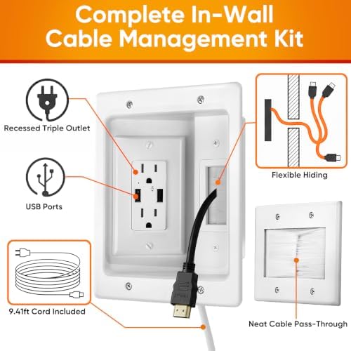 in Wall Cable Management Kit with Brush Wall Plate, AC Outlet & USB-A Port - Image 3