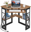 VECELO Corner Desk, Triangle Computer Desk for Small Space with Charging Station and Keyboard Tray, Corner Makeup Table with Storage Shelves for Home Office Bedroom, 41x30, Light Walnut by VECELO