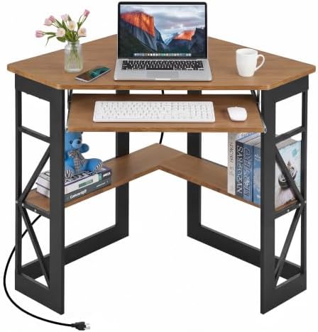 VECELO Corner Desk, Triangle Computer Desk for Small Space with Charging Station and Keyboard Tray, Corner Makeup Table with Storage Shelves for Home Office Bedroom, 41x30, Light Walnut by VECELO
