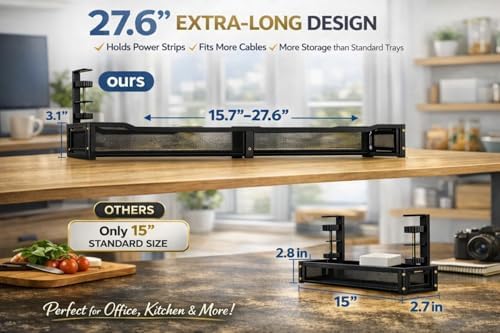 Expandable Under Desk Cable Management Tray, Expandable 15.7”–27.6”, No Drill Metal Cable Organizer with Clamp Mount for Standing Desk, Office & Home Desk (Black - Image 6