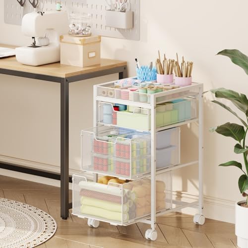 Rolling Utility Cart with 3 Drawers, Craft Organizer and Storage with DIY Divider, Lockable Wheels, Multi-Functional Storage for Art Supplies, Store for Brushes & Paints & Artifacts,White - Image 7