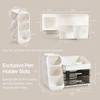 HBlife Desk Organizer with Pen Pencil Holder for Desk, Pen Organizer with 2 Drawers, Desk Organizers and Accessories with 4 Compartments, Desktop Storage for Office Home School Art Supplies, White - Image 5