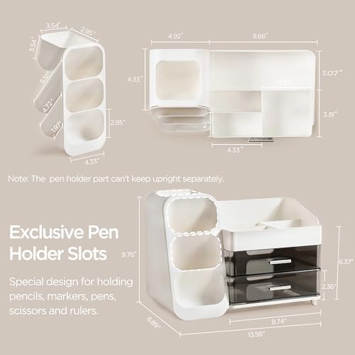HBlife Desk Organizer with Pen Pencil Holder for Desk, Pen Organizer with 2 Drawers, Desk Organizers and Accessories with 4 Compartments, Desktop Storage for Office Home School Art Supplies, White - Image 5