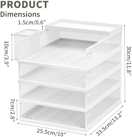 FANXIYQ Stackable Letter Trays, 4 Tier Metal Paper Tray & Desk Organizer, Stackable File Trays for Office & Home, Multi-Functional Document Tray with Fine Grid Design & Magnetic Labels,White - Image 3