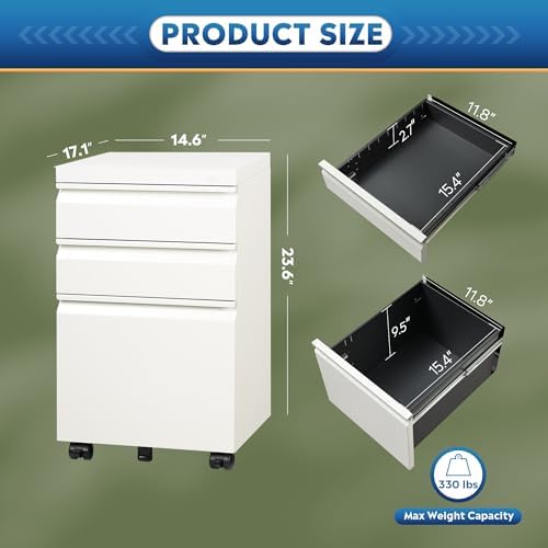DEVAISE 3 Drawer Mobile File Cabinet with Lock, Under Desk Metal Filing Cabinet for Home Office/Legal/Letter/A4 File, Fully Assembled Except Wheels, White - Image 3