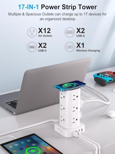 Power Strip Tower with Wireless Charger, Surge Protector with 12 Outlets - Image 2