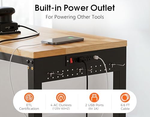 96” Heavy Duty Workbench, 5000 LBS Capacity Adjustable Work Bench with Pegboard and Power Outlet, Rubber Wood Work Table for Garage, Office, Workshop, Home - Image 5