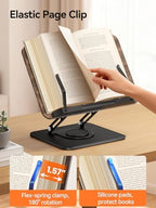 Tounee Book Stand, 360° Rotating Reading Book Holder, Adjustable Cookbook Holder for Reading Hands-Free, Foldable Desktop Recipe Book Stand with Protective Page Clips, Fits All Books - Black - Image 6