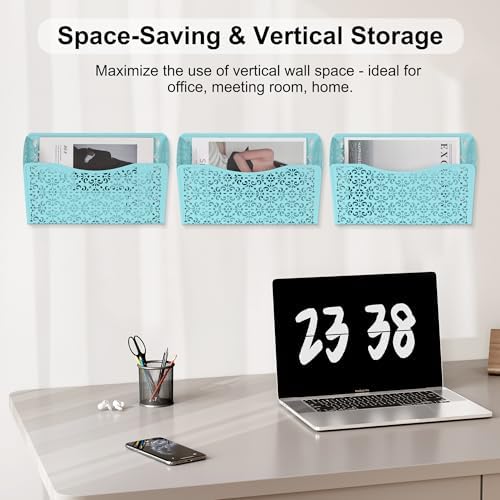 EasyPAG 3 Single Wall Mount File Organizer Vertical Metal Wall Pocket File Holder for Office, Home, School, Blue - Image 2