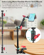 22" Magic Arm w Clamp Mount, Overhead Desk Phone Mount Stand, Adjustable Articulating Friction Camera Boom Arm w 1/4" Thread for Phone Video Light Webcam Action Camera Tripod Mic - Image 3
