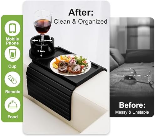Couch Cup Holder Tray - 3 in 1 Sofa Arm Tray with 360° Rotating Cup Holder & Phone Stand,Fits Various Couches Arm Widths - Anti-Slip Foldable Couch Arm Tray for Snacks, Cellphone Remote - Image 5