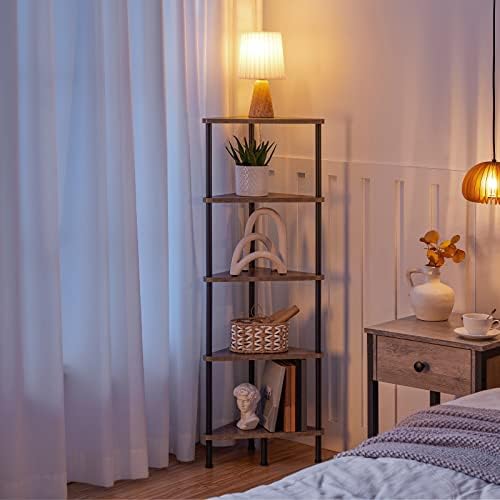 HOOBRO Corner Shelf Stand, Industrial 5-Tier Corner Bookshelf with Metal Frame, Corner Shelf Stand Display Plant Flower, Corner Bookcase for Small Spaces, Living Room, Greige and Black BG33CJ01 - Image 4