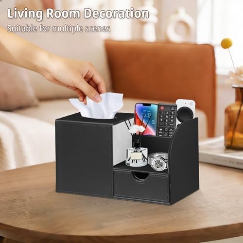 Nightstand Organizer with Tissue Holder,PU Leather Square Tissue Box Cover - Image 6