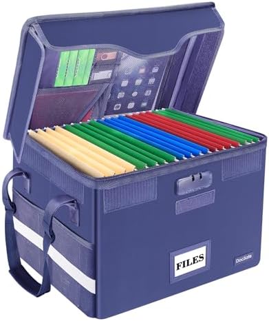 DocSafe Fireproof Document Box with Lock, File Storage Organizer with Mesh Pockets, Collapsible Portable File Box Home Office Safe Filing Cabinet with Handle for Hanging Letter/Legal Folder, Blue by DocSafe