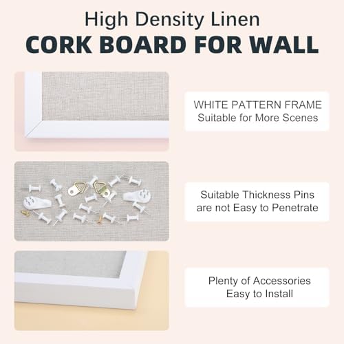 OWLKELA Linen Cork Bulletin Board, 17"x23", White Framed - Image 4