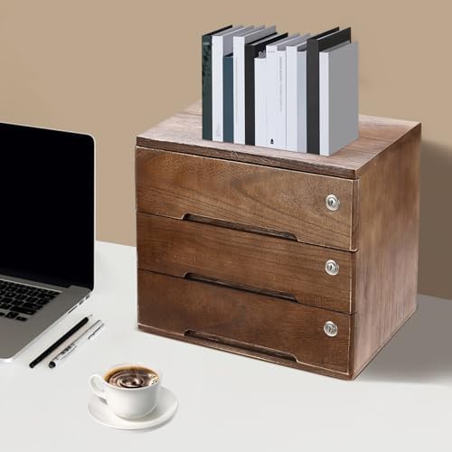 Wooden Desktop Storage Cabinet with 3 Lockable Drawers, Office Desk File Organizer, Small Wooden Drawer Storage Box for Home Office Supplies, Sewing Kits,Vanity, Walnut Color - Image 2