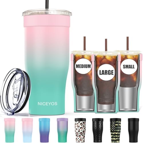 Universal Iced Coffee Sleeve - Upgraded Double Wall Reusable Stainless Steel Holder Sleeves Insulator for Cold Drinks Fits Starbucks Dunkin Donuts McDonalds Small Medium Large Cup (Pink Green) by NICEYOS