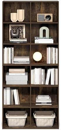 Furinno Basic Book Shelf, 12-Cube Bookshelf, Bookcase with Open Shelf, Cube Storage Organizer, 12 x 32 x 71, for Living Room, Home Office, Amber Pine - Image 5