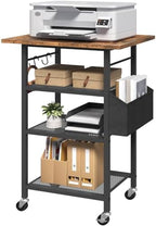 MAHANCRIS 4-Tier Printer Stand, Rolling Printer Table on Wheels, Industrial Storage Stand with Side Pocket, Wooden Tabletop, 2 S-Shaped Hooks, for Home Office, Rustic Brown and Black PTHR2601 by MAHANCRIS
