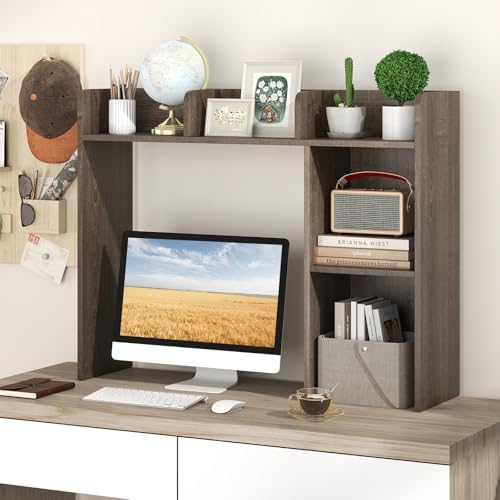 BECOMFORT Desk Hutch, Desk Organizer Shelf w/ 5 Storage Compartments, up to 27” Monitor, Wooden Display Rack, Desktop Bookshelf for Vanity Dressing Tabletop College Dorm Home & Office - Image 2