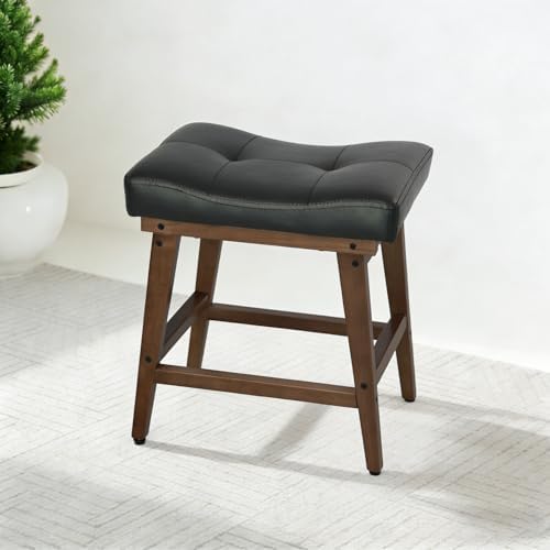 Vanity Stool with Wood Legs, Wooden Makeup Stool Chairs, Small Faux Leather Vanity Bench, Modern Square Makeup Bench Chair for Vanity, Living Room, Under Desk Foot Stool, Black by FLYZC