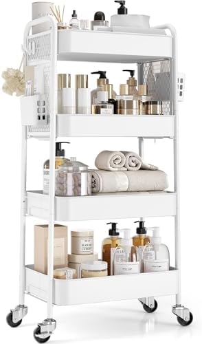 TOOLF 4 Tier Rolling Cart, Metal Utility Storage Cart with Pegboard, White by TOOLF