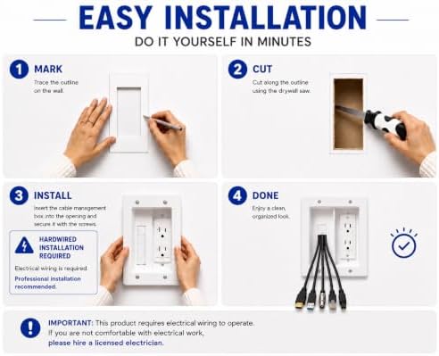 Premium in Wall TV Cable Management Kit for 65+ Inch Smart TVs with Recessed Triple Outlet Box, Wire Hider, Pass Through Plate, Low Voltage Cable Plate, Wire Concealer, Home Theater DIY - Image 6