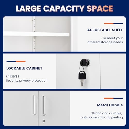 Yizosh Metal Storage Locking Cabinet with 4 Doors and 2 Adjustable Shelves,71" Lockable Garage Tall Steel Cabinet,for Home Office,Living Room,Pantry,Gym,Commercial Storage (White) - Image 5