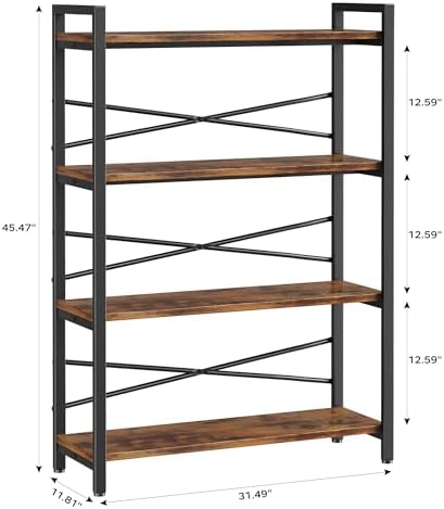 4 Tier Bookshelf 31.49" Width, Book Organizers and Storage, Wood and Metal Tall Bookcase, Rustic Book Shelf Organization and Storage for Home Living Room Bedroom Office Storage(Rustic Brown) - Image 3