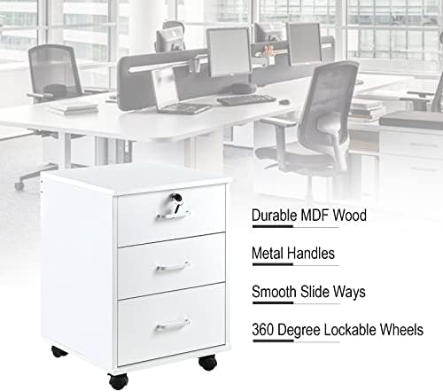 OFCASA 3 Drawer File Cabinet with Lock, Small Rolling Filing Cabinets for Home Office, Wooden Under Desk File Cabinet with Wheels, Mobile Storage Cabinet Printer Stand, for Letter/Legal/A4 Size, White - Image 6
