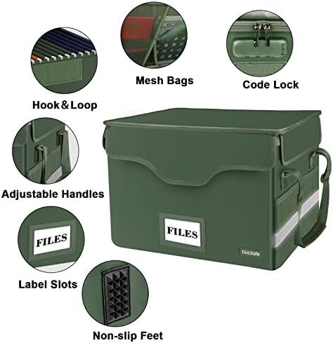 DocSafe Fireproof Document Box with Lock,File Storage Organizer with Mesh Pockets＆Lid,Collapsible Portable File Box Home Office Safe Filing Cabinet with Handle for Hanging Letter/Legal Folder,Green - Image 4