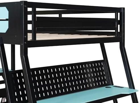 Polibi Full Over Full Bunk Bed with 2 Built-in Gaming Desks, USB Charging Ports & Pegboard Organizer, Heavy-Duty Gaming Bed Frame for Teens/Adults, Blue (Full Size) - Image 5