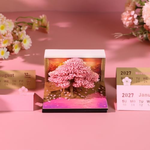 3D Calendar 2027,3D Memo Pad Time Piece Calendar 2027 Creative Desk Calendar Art Paper Sculpture Cherry Blossom Tree, 2027 Tear Off Calendar DIY Decorative Gift - Image 3