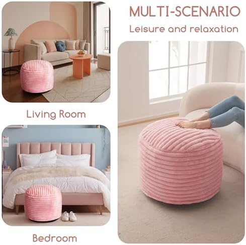 HIGOGOGO Round Stuffed Pouf Ottoman, Stripe Faux Fur Poufs with Foam Chunk Filling, Furry and Fluffy Pouf Foot Stool Storage Ottoman, 20 X 15 Floor Poufs Foot Rest for Living Room, Pink - Image 3