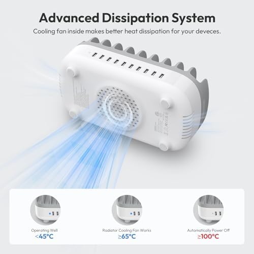 10 Ports Charging Station for Multiple Devices, 120W iPad Charging Station Organizer, USB Charging Docking with Cooling Fan, for iPhone, for iPad, Tablet, Kindle, ETL Listed (White) - Image 4